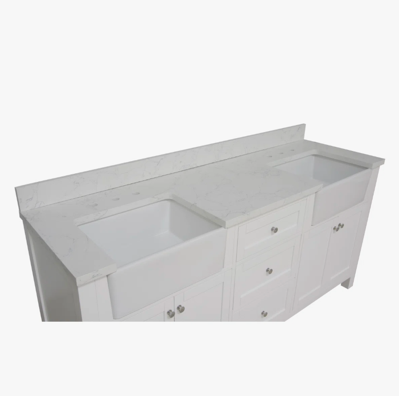 72" Freestanding White Double Farm Sink Vanity Cabinet with Symmetrical Storage