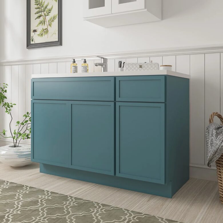 Vibrant Teal Shaker Vanity Base with Spacious Split Storage for Bathroom Renovation