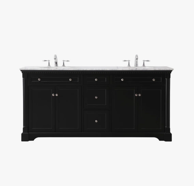 72 Inch Traditional Matte Black Double Sink Bathroom Vanity, Carrara White Marble Top & Chrome Knob Hardware
