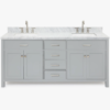 72 Inch Light Gray Shaker Double Sink Bathroom Vanity, Carrara White Marble Countertop & Brushed Nickel Hardware