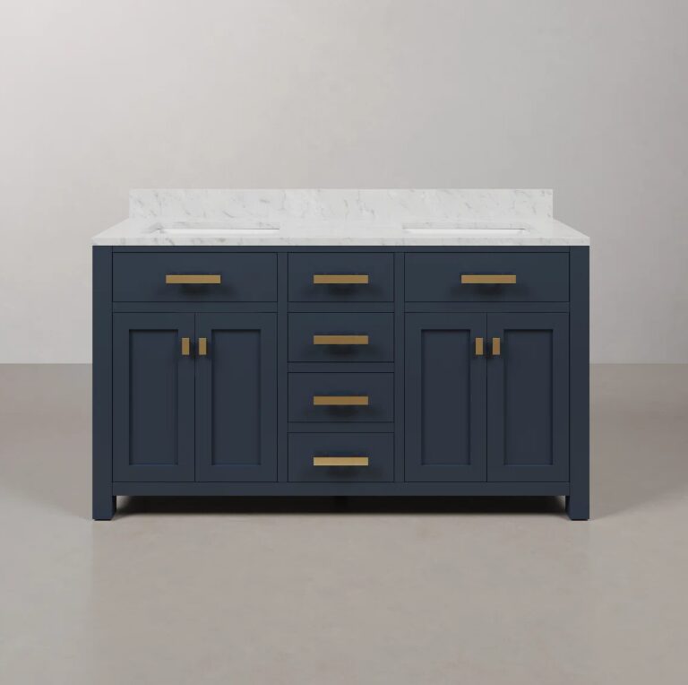 7 60 Inch Navy Blue Shaker Double Sink Bathroom Vanity, Carrara White Marble Top & Brushed Gold Hardware