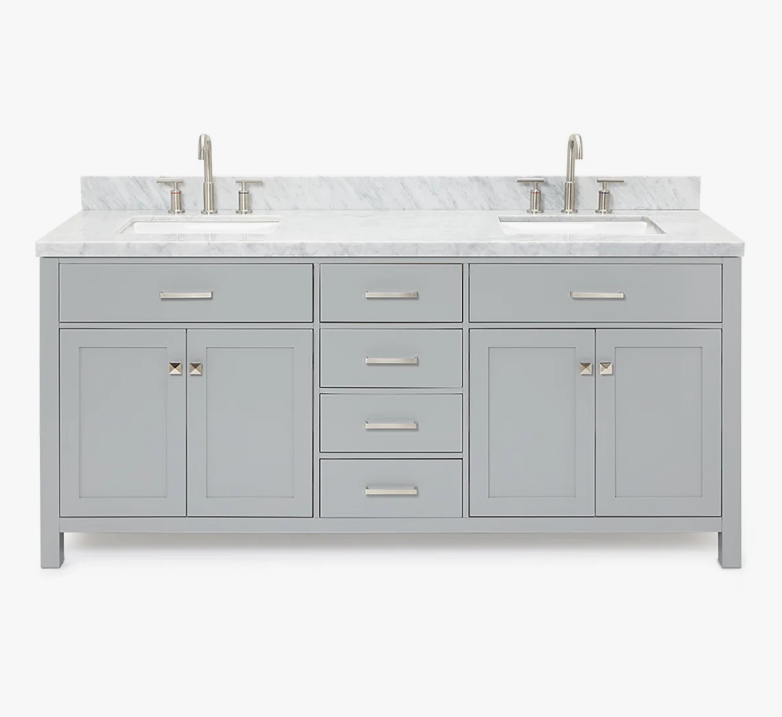72 Inch Light Gray Shaker Double Sink Bathroom Vanity, Carrara White Marble Countertop & Brushed Nickel Hardware
