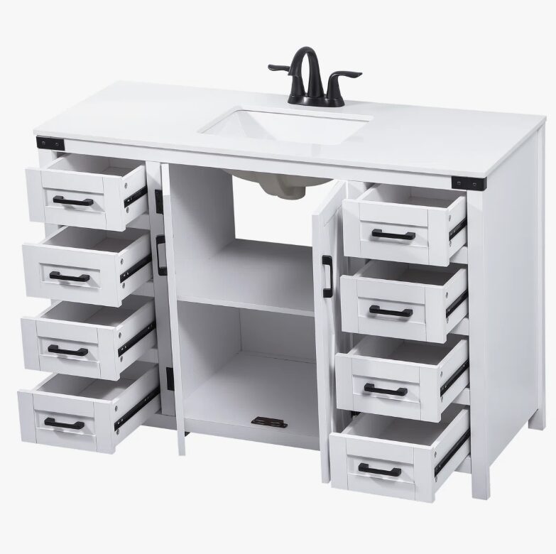 7 All-White Farmhouse Vanity with 8 Drawers for Spacious Organized Bathroom Storage