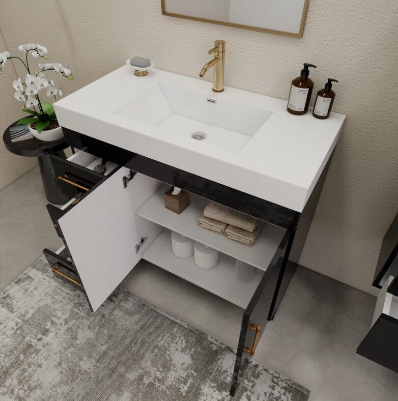 Gloss Black Contemporary Bathroom Vanity with Sink Countertop