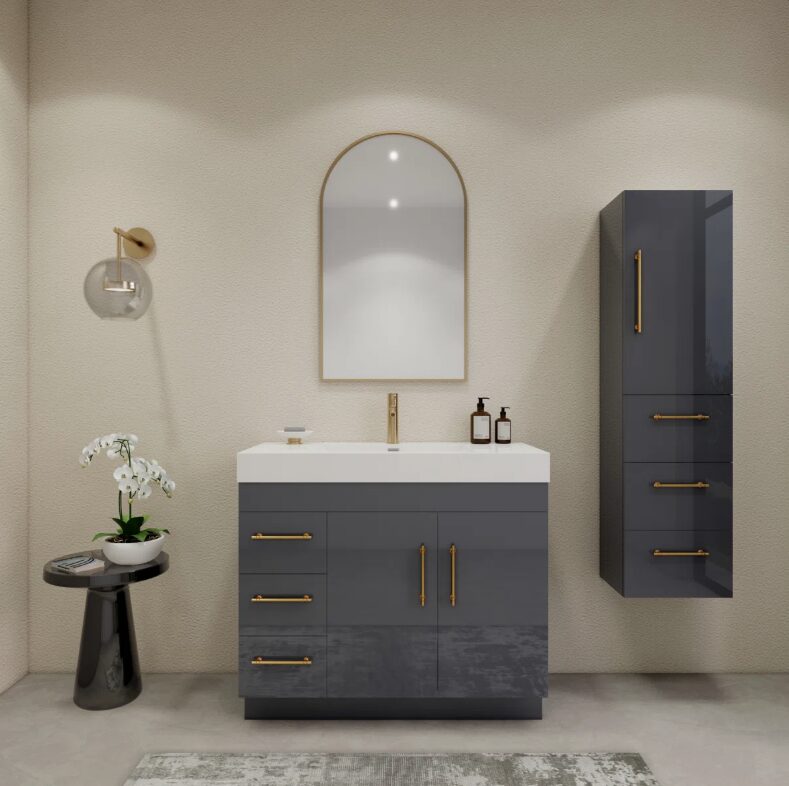 7 Luxury Dark Grey Gloss Vanity Cabinet with Soft-Close Storage for Modern Bathroom Renovation