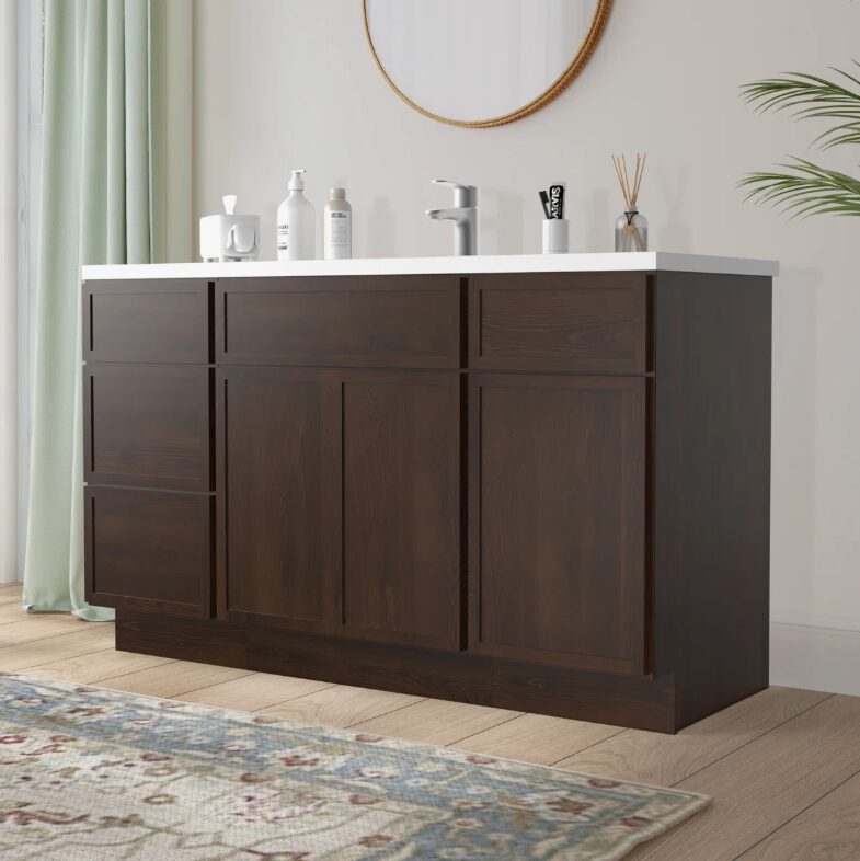 Spacious Dark Walnut Double Sink Vanity Base with Full Soft-Close Storage for Master Bathroom Renovation