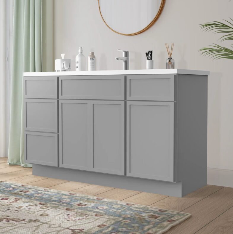 Neutral Light Gray Double Sink Vanity Base Cabinet with Full Soft-Close Storage for Master Bath Remodel