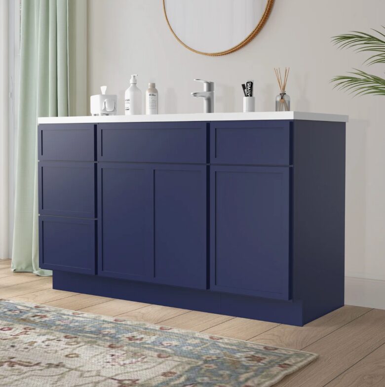 Spacious Navy Double Sink Vanity Base Cabinet with Full Soft-Close Storage for Master Bath Remodel