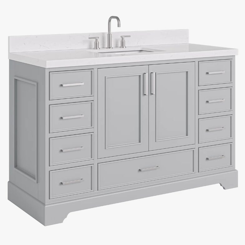 7 Spacious Light Gray Bathroom Vanity with Brushed Nickel Hardware & Massive Soft-Close Storage