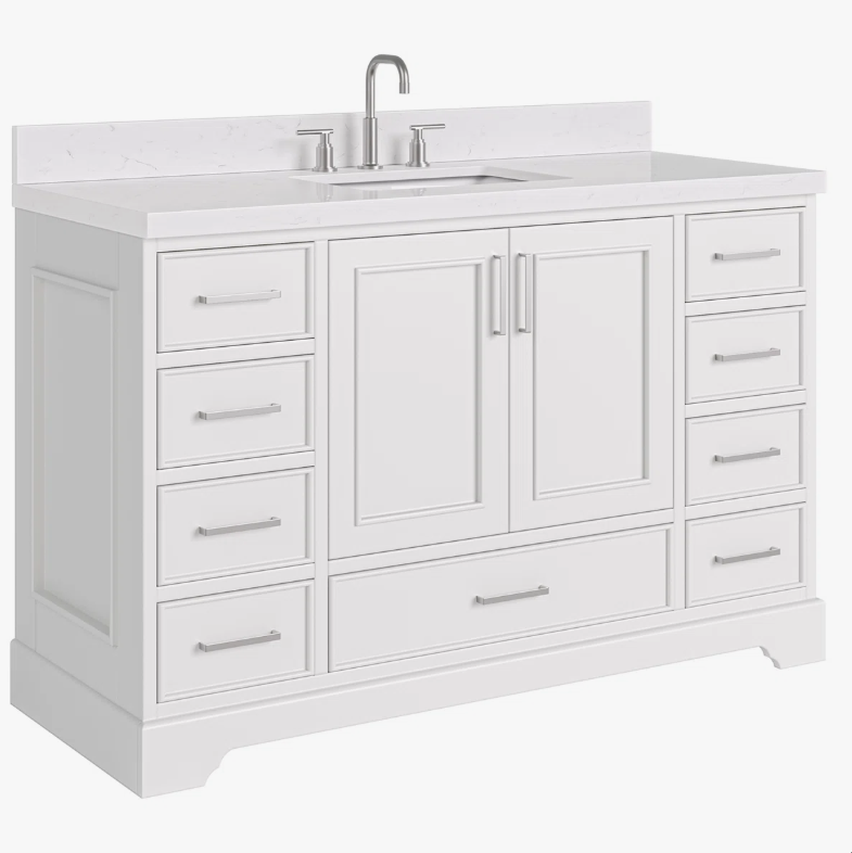 Bright White Bathroom Vanity Cabinet with Large Soft-Close Storage & Nickel Pulls for Master Bath