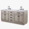 72 Inch Weathered Oak Shaker Double Sink Bathroom Vanity with Carrara White Marble Countertop & Matte Black Hardware