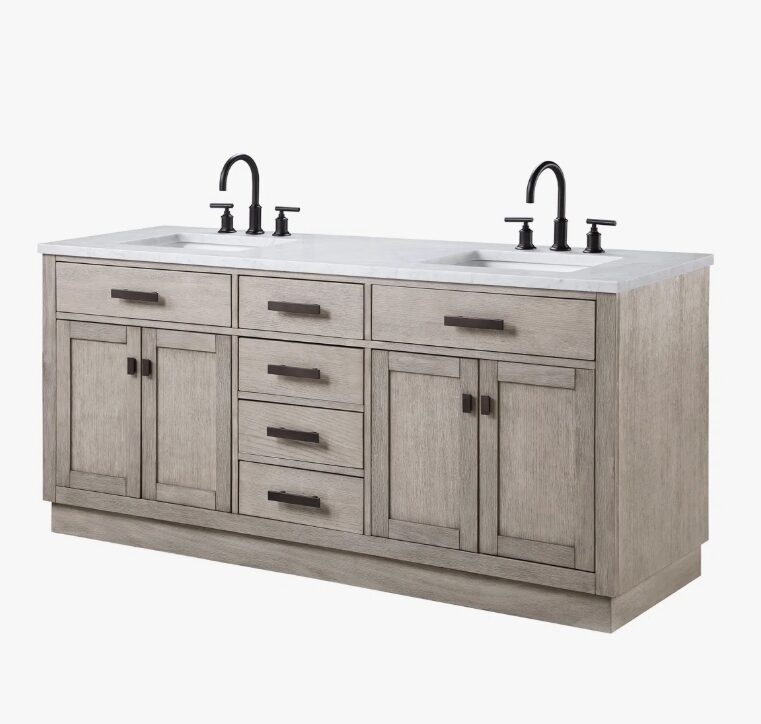 72 Inch Weathered Oak Shaker Double Sink Bathroom Vanity with Carrara White Marble Countertop & Matte Black Hardware