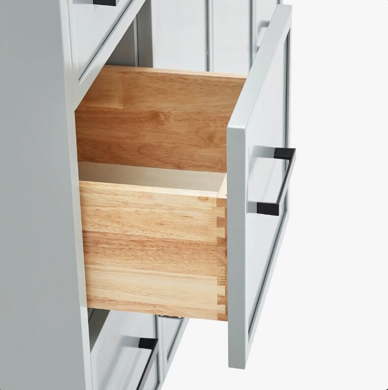 7 Modern Light Gray Bathroom Vanity with Black Pulls & Multi Compartment Soft-Close Storage