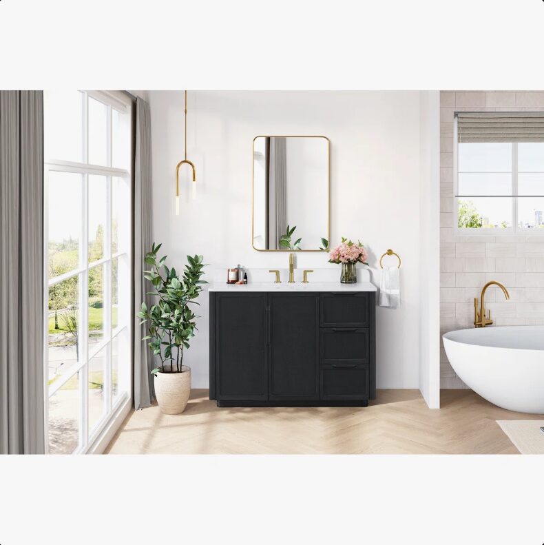 48" Black Rattan Complete Bathroom Vanity Set with Quartz Countertop