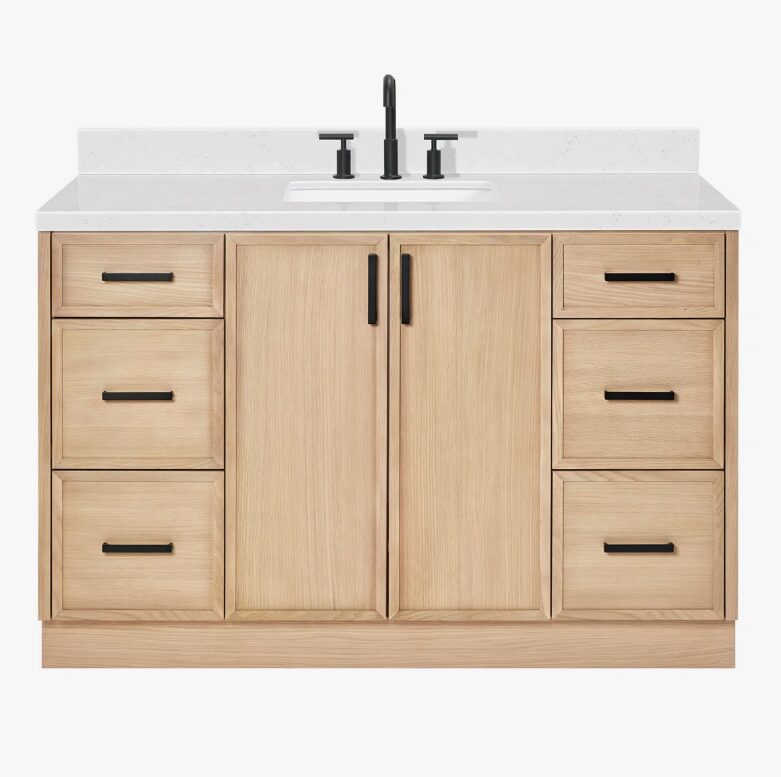 Natural Oak Bathroom Vanity Cabinet with Black Pulls & Large Soft-Close Storage