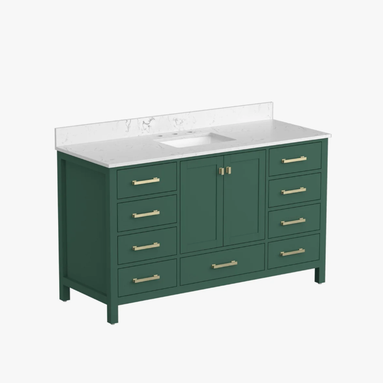 Luxury Dark Green Bathroom Vanity with Gold Pulls & Massive Soft-Close Storage