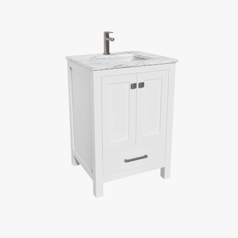 Minimalist White Bathroom Vanity with Double Soft-Close Doors & Large Storage Drawer