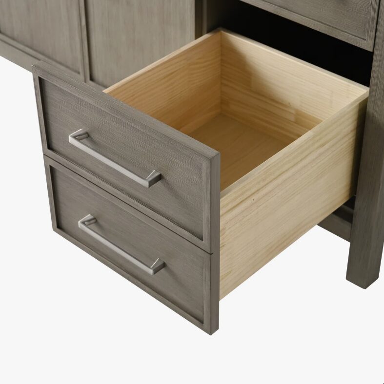 60 Inch Weathered Grey Single Sink Bathroom Vanity, White Marble Countertop & Brushed Nickel Hardware