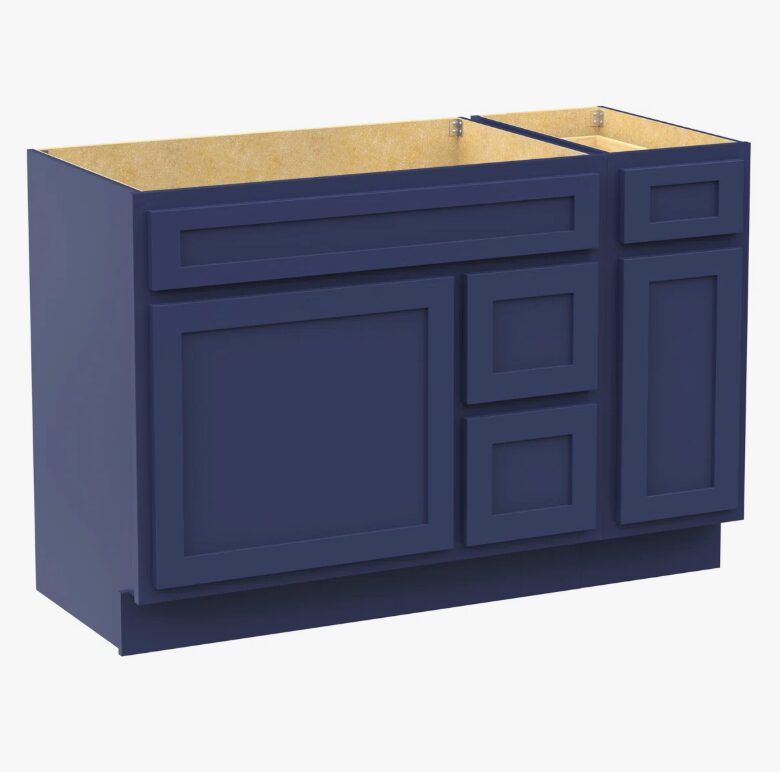 48 Inch Navy Blue Shaker Bathroom Vanity Base Cabinet Only, 3 Soft Close Drawers & 2 Soft Close Doors