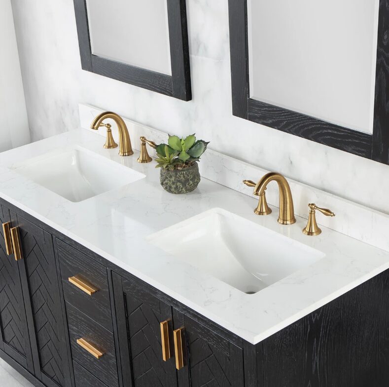 60 Inch Black Herringbone Wood Double Sink Bathroom Vanity, White Engineered Stone Top & Brushed Gold Bar Pulls
