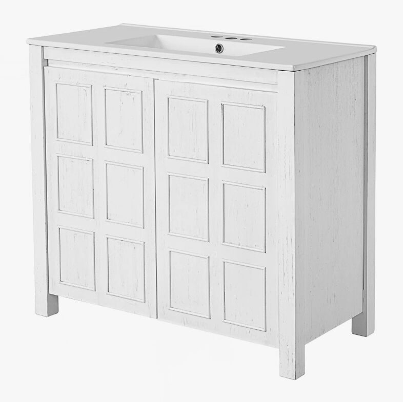 7 36" Rustic White Shaker Bathroom Vanity Cabinet with Vintage Distressed Wood Finish