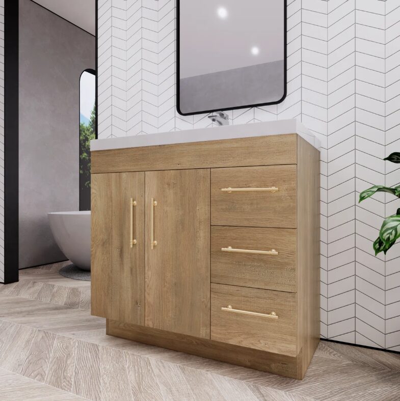 7 Multi-Storage Oak Bathroom Vanity with Soft-Close Drawers & Door, Gold Bar Hardware