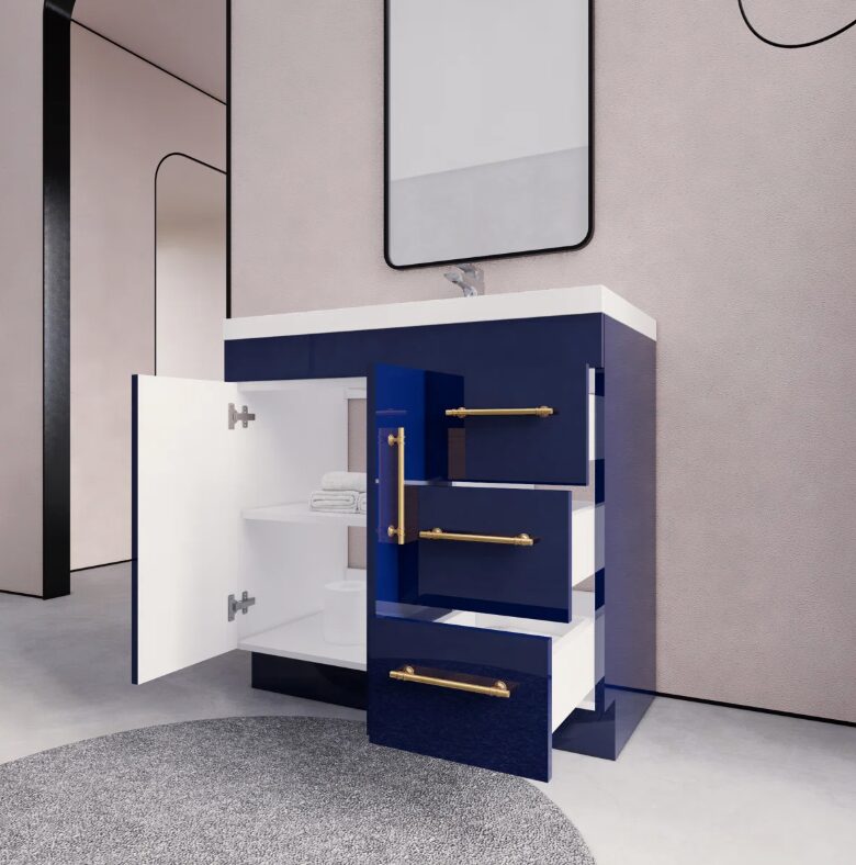 Luxury Gloss Navy Bathroom Vanity with Split Storage Zones & Soft-Close System