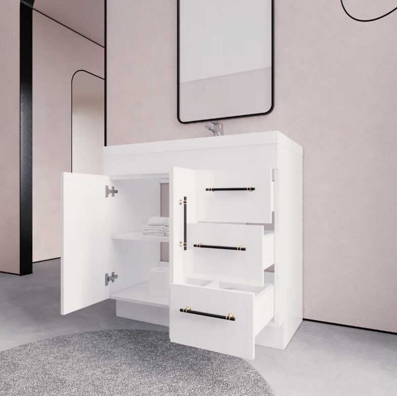 Minimalist Gloss White Bathroom Vanity with Separate Storage Zones & Full Soft-Close System