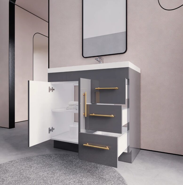 7 36" Modern Gloss Grey Bathroom Vanity Cabinet with Multi Storage & Gold Bar Hardware