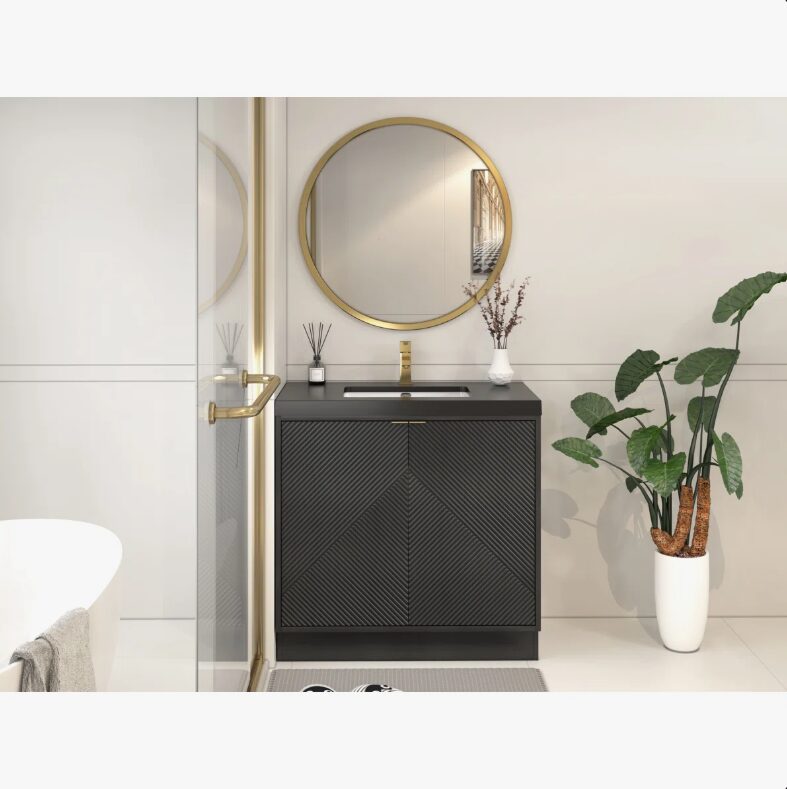 Contemporary Ribbed Black Bathroom Vanity with Full Soft-Close Mechanism & Adjustable Shelf