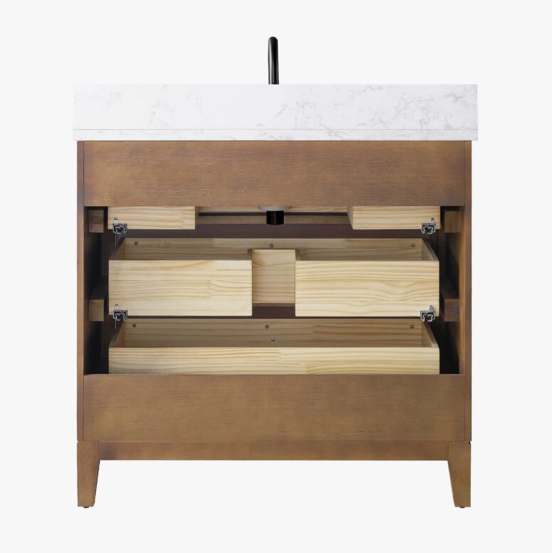 Spacious Storage Fluted Walnut Bathroom Vanity with Full Soft-Close Solid Wood Drawers