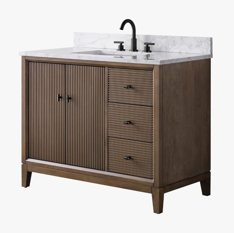 7 Contemporary Reeded Wood Bathroom Vanity with Split Storage & Full Anti-Slam Soft-Close Hardware