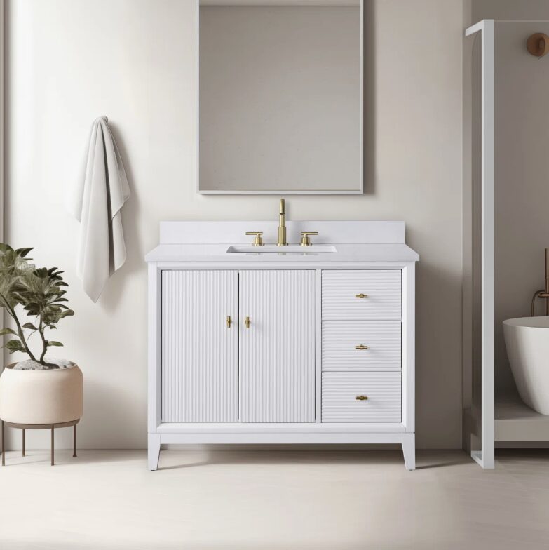 Contemporary Reeded Wood Bathroom Vanity with Split Storage Layout & Full Anti-Slam Soft-Close Hardware