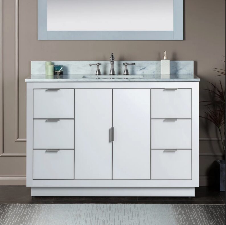 Contemporary Gloss White Bathroom Vanity with Full Soft-Close Slides & Natural Marble Countertop
