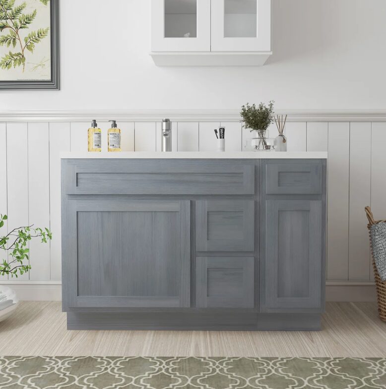 Neutral Grey Wood Shaker Vanity Base with Multi-Zone Storage for Bath Remodel