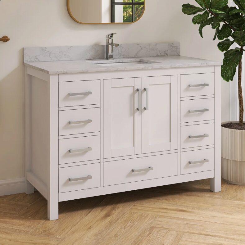 7 48" Modern White Bathroom Vanity Cabinet with Brushed Nickel Pulls & Symmetric Multi-Drawer Storage