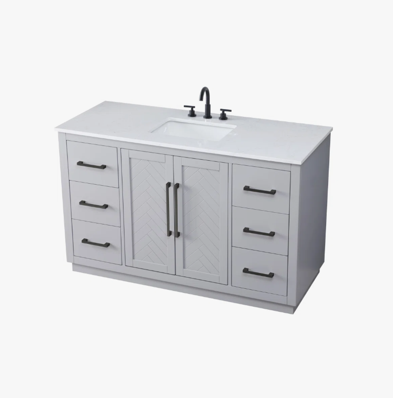 54" Modern Grey Vanity Cabinet with Matte Black Pulls & Symmetric Multi-Drawer Storage
