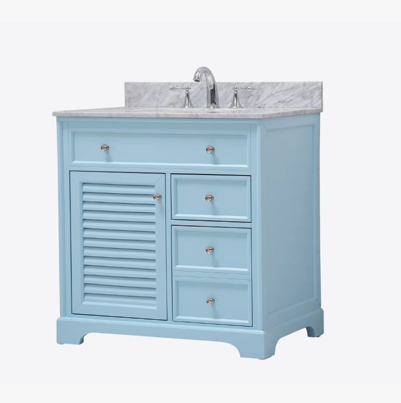 7 Pastel Blue Louver Bathroom Vanity Soft Close Drawers Multi-Zone Organized Storage Layout
