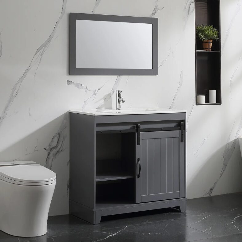 7 Rustic Farmhouse Grey Sliding Barn Door Vanity Spacious Dual Storage Design