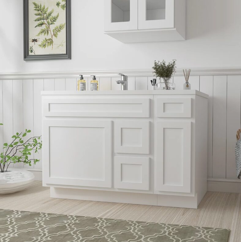 7 Classic Bright White Shaker Vanity Base Cabinet with Divided Storage for Bath Renovation