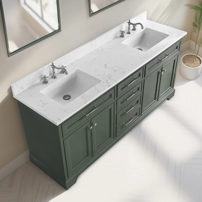 7 Traditional Sage Green Double Sink Vanity Soft Close Drawers & Spacious Side Cabinet Storage