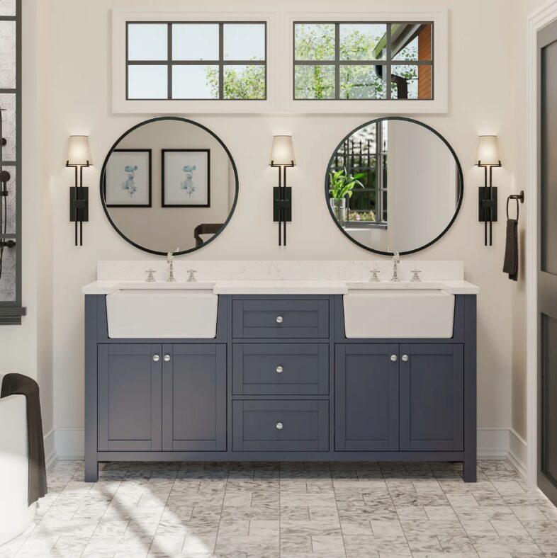 7 72" Freestanding Navy Double Farm Sink Vanity Cabinet with Symmetrical Storage