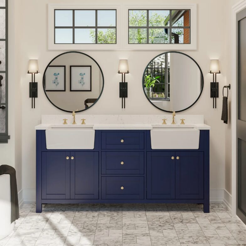 7 72" Freestanding Navy Double Farm Sink Vanity Cabinet with Balanced Storage Layout