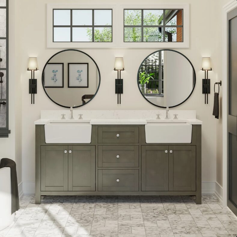 72" Freestanding Grey Double Farm Sink Vanity Cabinet with Symmetrical Storage