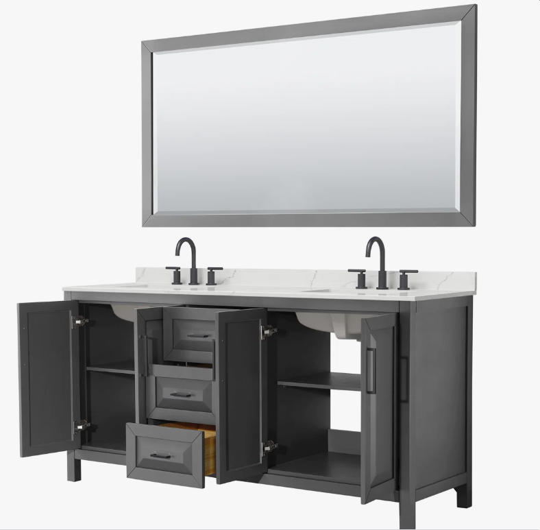 Contemporary Gray Shaker Double Vanity with Soft Close Drawers & Spacious Side Storage Cabinets