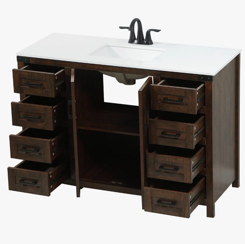Industrial Rustic Dark Oak Bathroom Vanity with Abundant Drawer Storage for Modern Farmhouse Bath