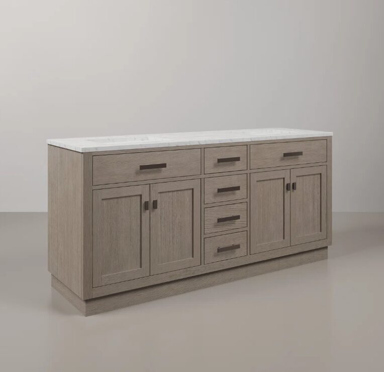 72 Inch Weathered Oak Shaker Double Sink Bathroom Vanity with Carrara White Marble Countertop & Matte Black Hardware