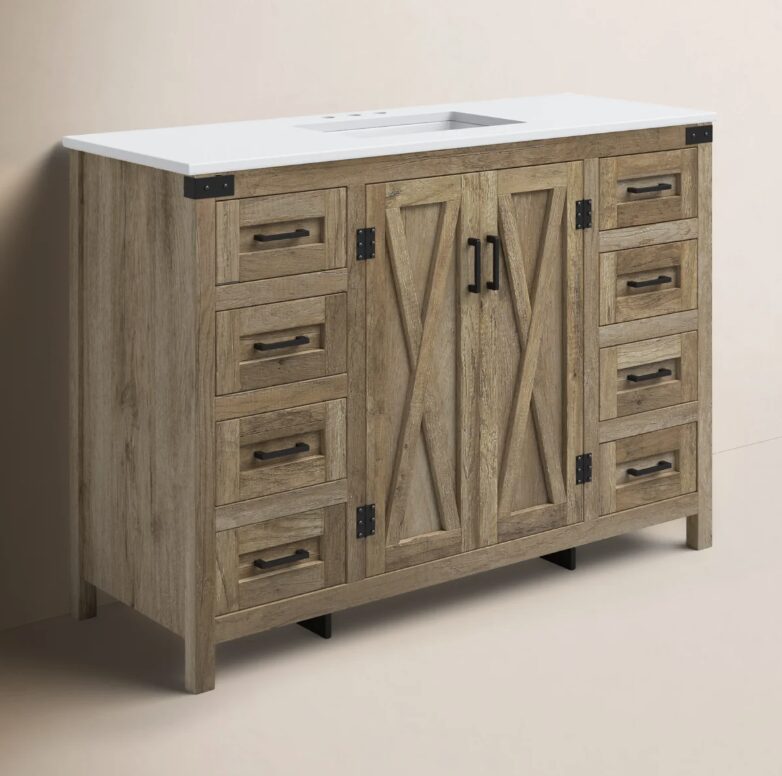 8 Rustic Barn Door Bathroom Vanity Cabinet with Drawer Storage & Quartz Top