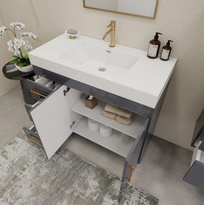 8 Luxury Dark Grey Gloss Vanity Cabinet with Soft-Close Storage for Modern Bathroom Renovation