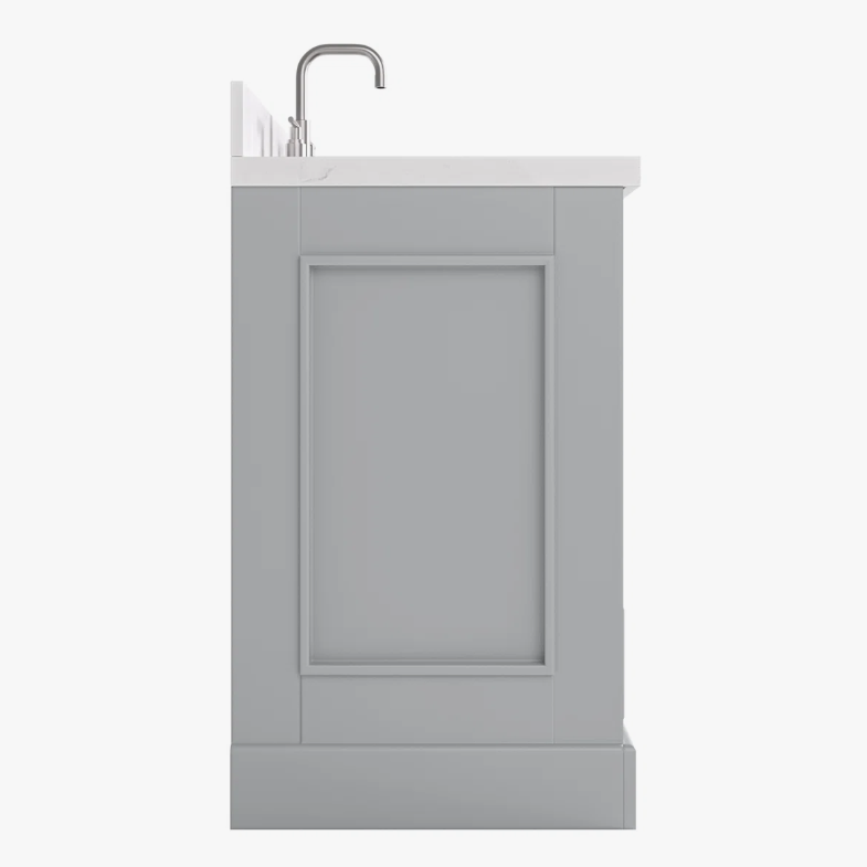 8 Spacious Light Gray Bathroom Vanity with Brushed Nickel Hardware & Massive Soft-Close Storage